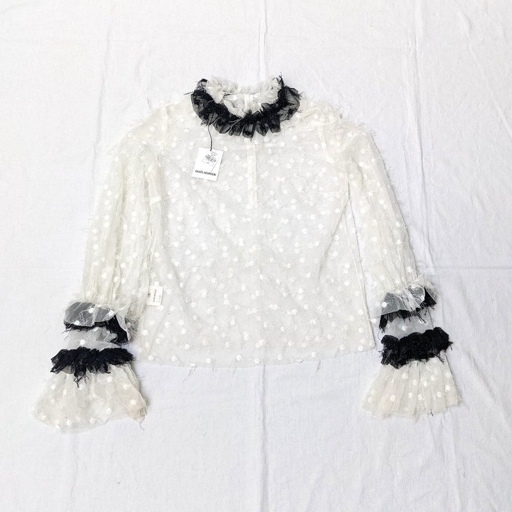Anaïs Jourden White/Black Twinkle Top w Ruffle Collar & Sleeve Size 36 US 4 New!